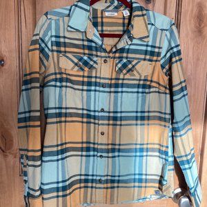 LL Bean Women's Button Down Flannel - Blue & Orange Plaid - Small